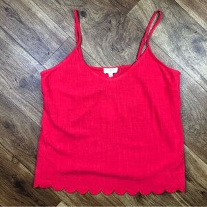 Umgee Red Linen Rayon Tank Top Scalloped Edge